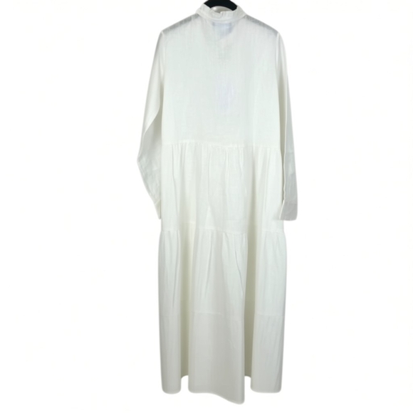 New Alice Walk Band Collar Long Sleeve Linen Tiered White Cottagecore Dress M - Picture 3 of 6
